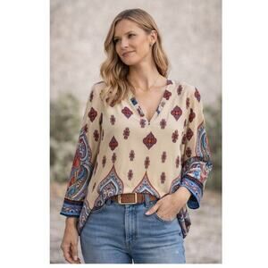 Gibson & Latimer Paisley Tunic Blouse Size L Boho Print 3/4 Sleeve